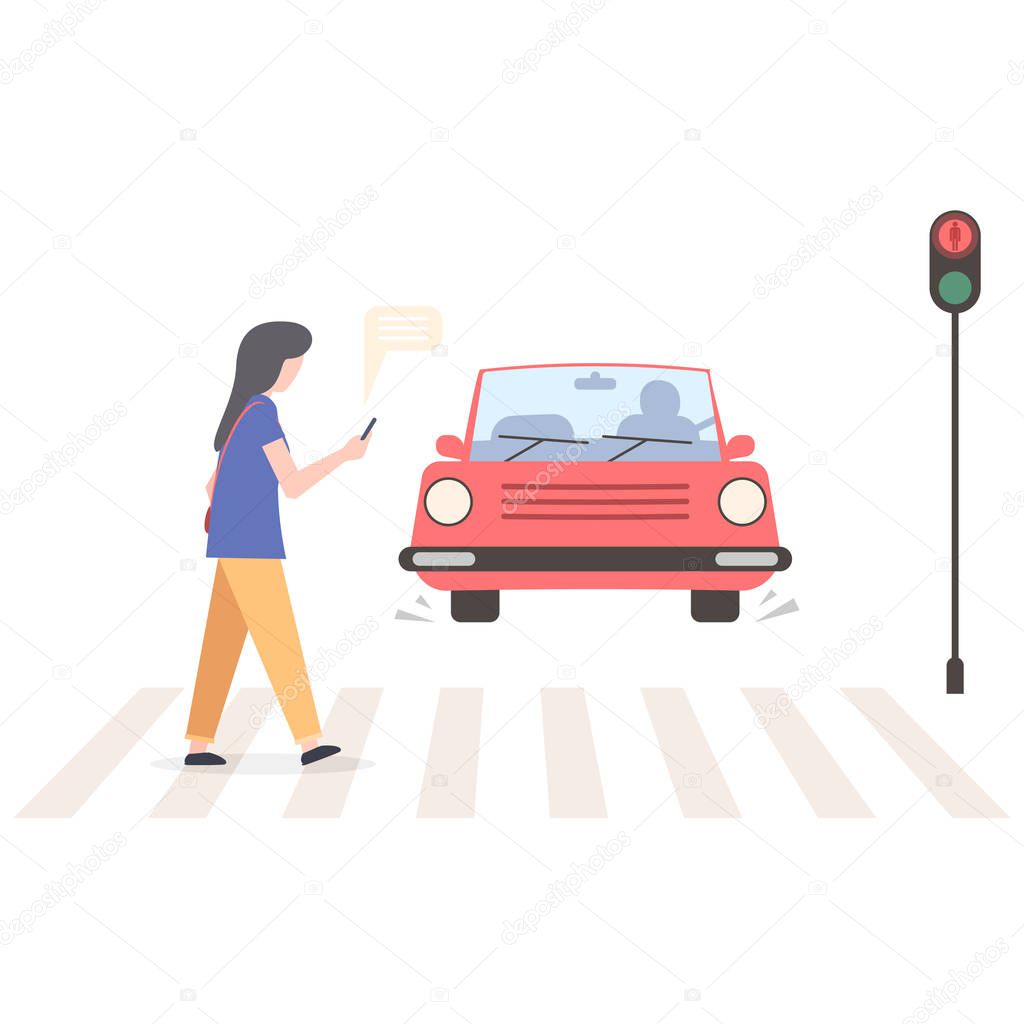 A woman crosses the road at a traffic light prohibiting signal looking at the phone. Road safety, social media addiction concept. Vector illustration isolated on white background