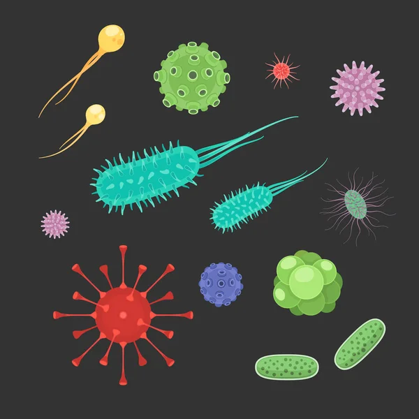 ウイルスと細菌のアイコンセット 感染寄生虫のアイコン 暗い背景に孤立したベクトル図 — ストックベクタ
