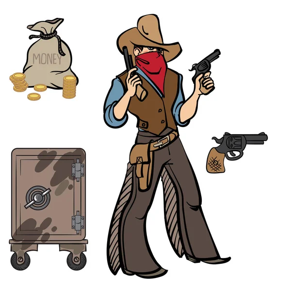 Western Vector Iconset Cool Cartoon Cowboy Wiht Guns Gun Safe — стоковый вектор