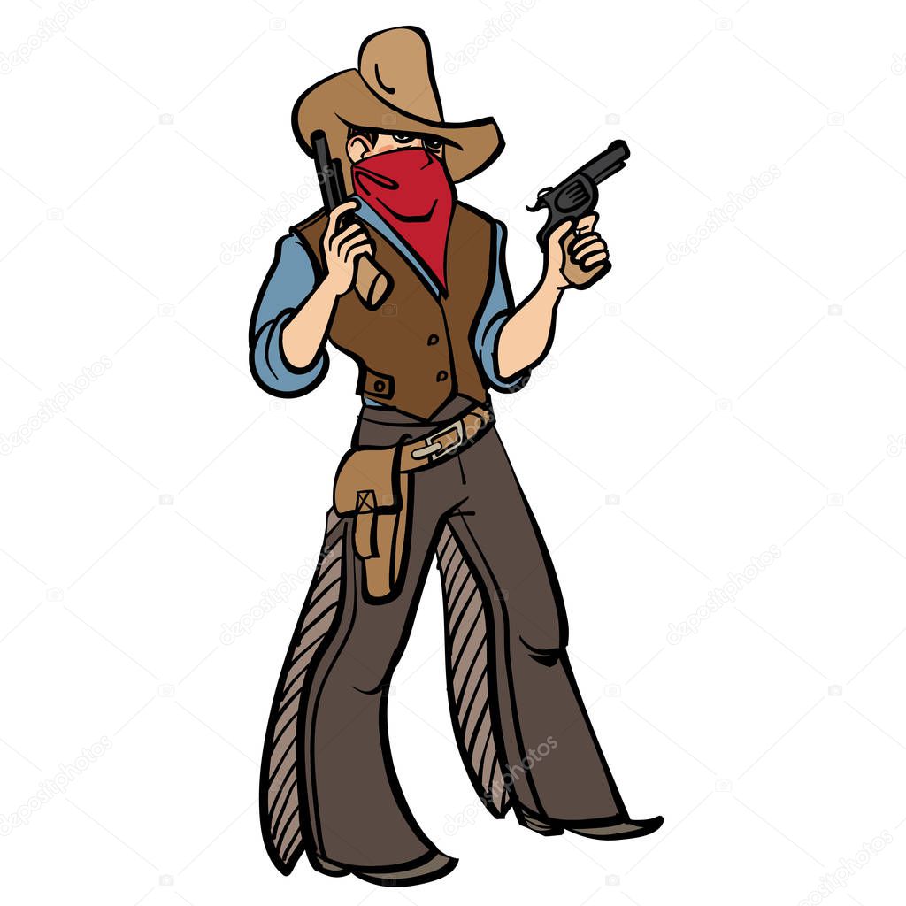 Wild west cartoon cool cowboy wiht guns isolated background. Vector illustration.