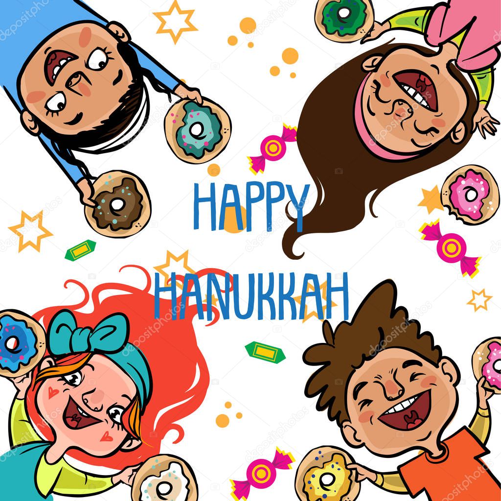 Happy jewish children smile and eating donuts and injoy hanukkah