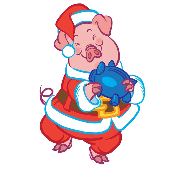 Funny Vector Cartoon Piglet Santa Claus Costume Dancing Piggybank Isolated — Stock Vector