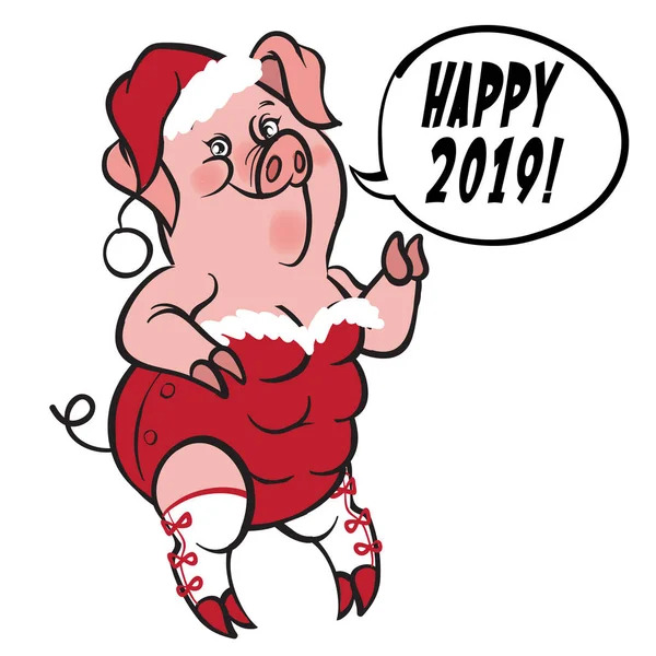 Funny Vector Cartoon Piggy Pinup Style Wishes Happy New Year — Stock Vector