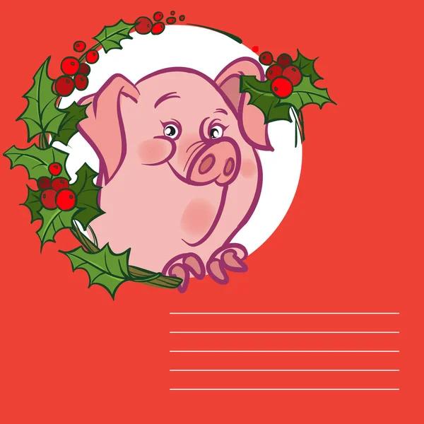 Drôle Vecteur Dessin Animé Cochon Dans Couronne Noël Souhaite Bonne — Image vectorielle