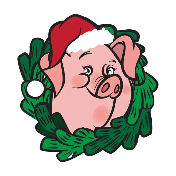 有趣的矢量卡通小猪在圣诞花圈祝福快乐的新年 孤立的背景 2019 向量例证的标志 图库插图
