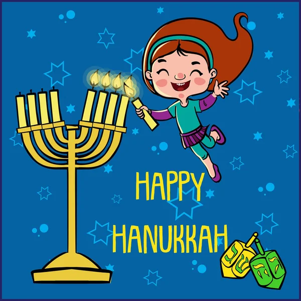 Happy Jewish Girl Lights Hanukkah Candles — Stock Vector