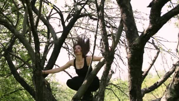 若いセクシーなダンサーの女性が木の上で踊って — ストック動画