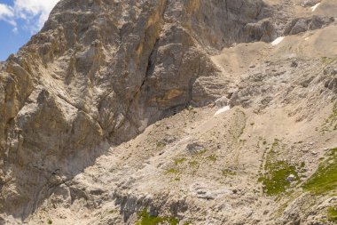 Gran Sasso İtalya 'sının dağlık alanındaki Corno Grande kayalık deresinin hava manzarası.
