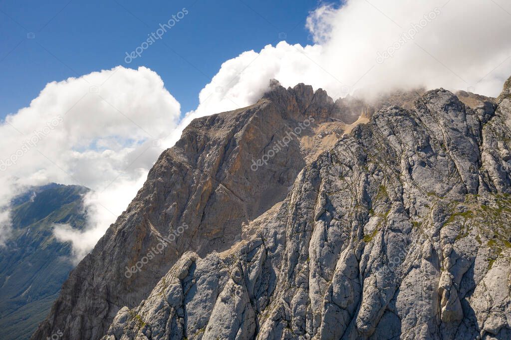aerial view in perspective of the big horn and small horn in the mountain area of the gran sasso italy abruzzo