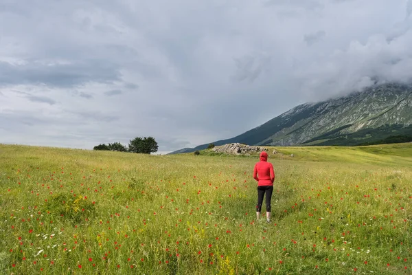 woman looking at the landscape in the san leonardo pass on the majella mountain area in abruzzo