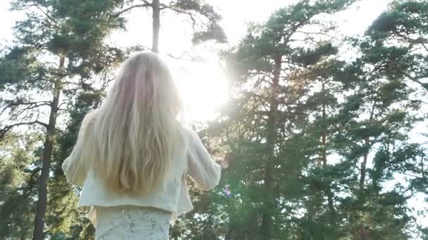 Beauté romantique jeune femme en robe dans la forêt sur coucher de soleil 4k — Video