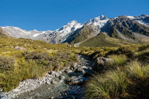 Rocks, river and snowy mountains in the background. Walking the Hooker Valley Track, Mount Cook in New Zealand