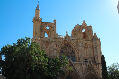 İncir ağacı ve Lala Mustafa Paşa Camii (eski Aziz Nicholas Katedrali) cephesinin alt manzarası. Famagusta. Kıbrıs.