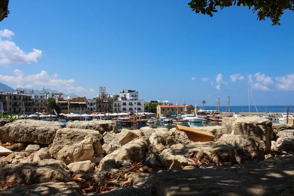 Utsikt Från Trädstam Cyrenian Harbor Bakgrunden Himlen Med Moln Cypern — Stockfoto