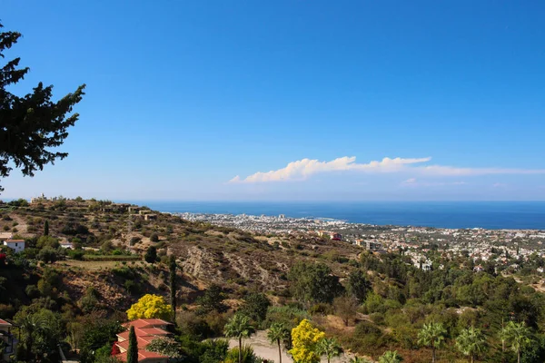 View Bellapais Abbey Restaurant Roofs Trees Kyrenia Sea Blue Sky — Stock Photo, Image