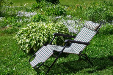 Açık hava eğlencesi için hafif kareli katlanır sandalye Hosta ve nemophila çiçekleri olan bir çiçek tarlasının yanındaki çimlerde durur..