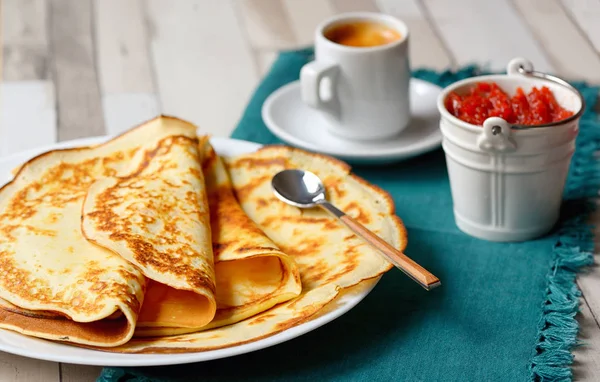 Pancakes Jam Espresso Wooden Table — Stock Photo, Image