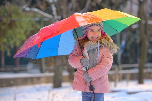 Little Girl Umbrella Snowy Winter — Stock Photo, Image