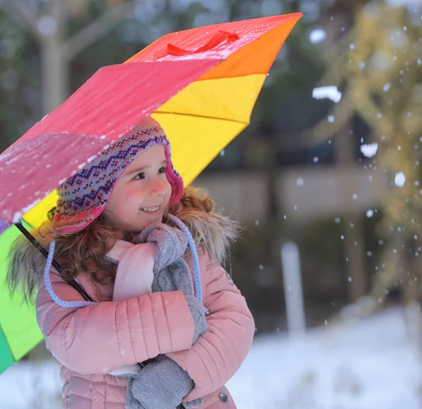 Little Girl Umbrella Snowy Winter — Stock Photo, Image