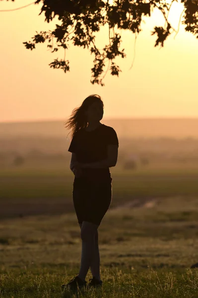 Portrait Young Woman Silhouette Sunset — Stock Photo, Image