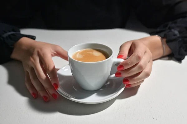 Young Woman Cup Coffee Red Nail Polish — Stock Photo, Image