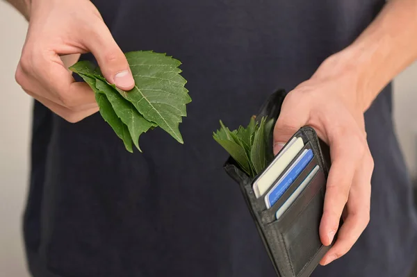 Uma Carteira Couro Recheado Com Folhas Como Dinheiro Dinheiro — Fotografia de Stock