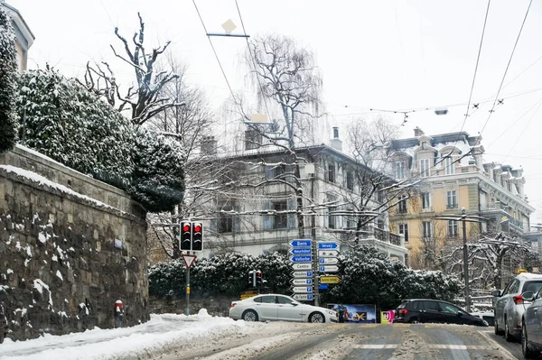 Lausana Suiza Marzo 2018 Indicador Una Encrucijada Paisajes Nevados Primavera — Foto de Stock