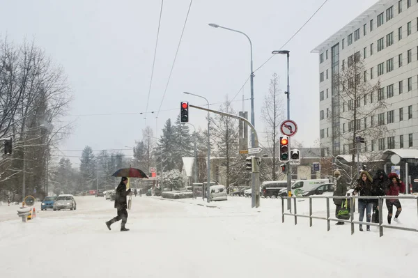 Genewa Szwajcaria Lutego 2018 Wiosenne Krajobrazy Śnieg Wzdłuż Autostrad Miastach — Zdjęcie stockowe