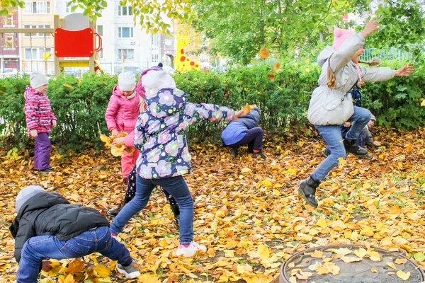 Дети веселятся на осенней листве . — стоковое фото