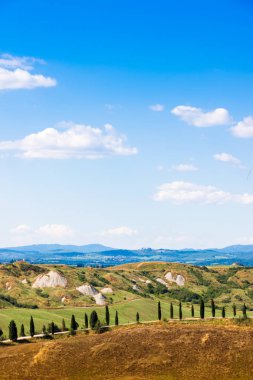 Yol ve Asciano Crete Senesi, Toskana, İtalya yakınlarındaki bir tepe üzerinde selvi