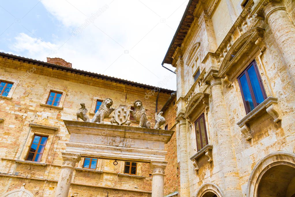 Particular of the medieval buildings in Piazza Grande (big square) in Montepulciano, Italy
