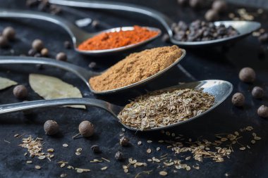 Karanlık bir arka plan üzerine kaşık içinde baharatlar