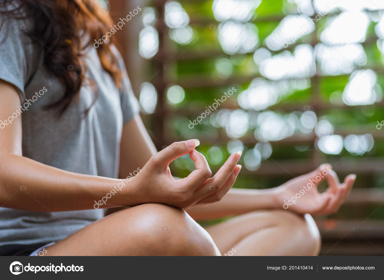Young Women Practices Yoga Meditation Peaceful Green Garden Stock Photo
