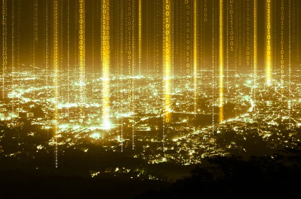 Абстрактне Єднання Цифрової Лінії Даних Фоні Нічного Міста Золотий Тон — стокове фото