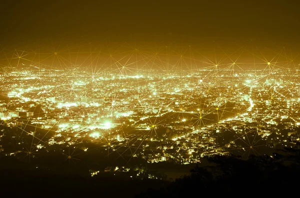 Web Hattı Gece Şehir Altın Arka Plan Sesi Bağlantısında Soyut — Stok fotoğraf