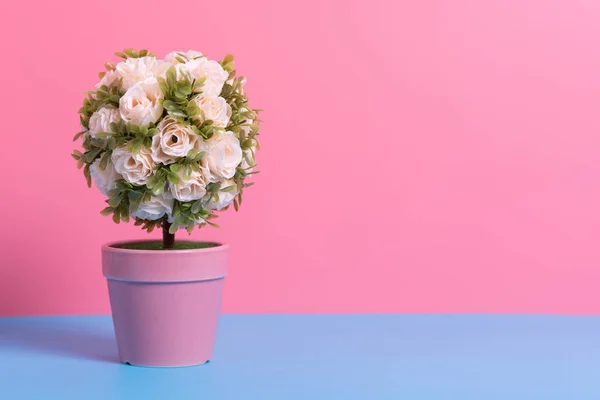 人造花盆在蓝色和粉红色的纸,最小风格的百家乐 — 图库照片