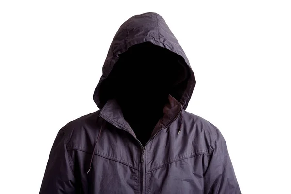 Frente do homem hacker com rosto escuro isolado no fundo branco — Fotografia de Stock