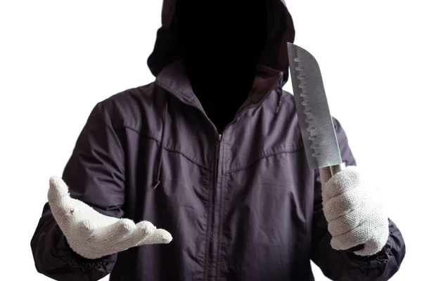 Frente do homem hacker com rosto escuro segurando uma faca na mão isola — Fotografia de Stock