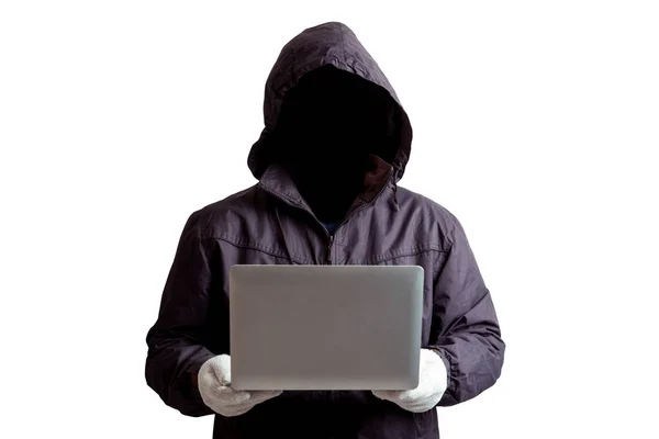 Frente do homem hacker com rosto escuro segurando laptop na mão isolat — Fotografia de Stock