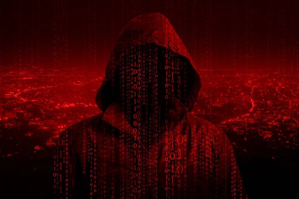 Fronte uomo hacker con volto scuro isolato su sfondo bianco — Foto Stock