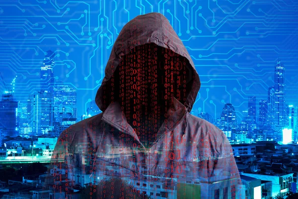 Frente do homem hacker com rosto escuro isolado no fundo branco — Fotografia de Stock