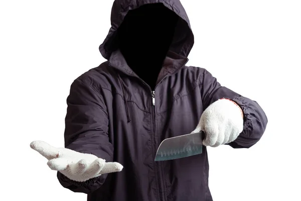 Przed hakerem z ciemną twarzą trzymając nóż w dłoni Isola — Zdjęcie stockowe
