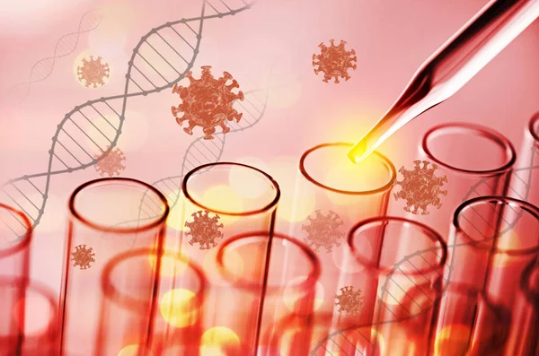 Tubos Ensayo Laboratorio Científico Con Modelo Virus Virus Investigación Vacuna —  Fotos de Stock