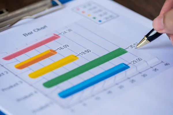 Hand Using Pen Point Critical Point Bussiness Graph Sheet — Stock Photo, Image