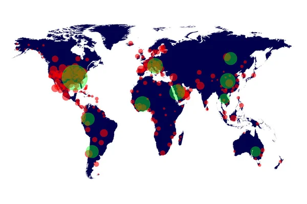 Coronavirus Covid 散布在世界地图上 经证实为全球红环病例 绿环状恢复病例 — 图库照片