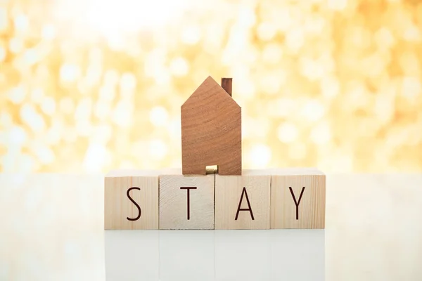 Wood House Model Cube Block Text Stay Prevent Coronavirus Covid — Stock Photo, Image