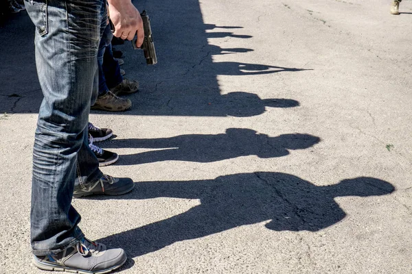 Man Hold Handgun Training Gun Open Day 2015 Festival Brovary — Stock Photo, Image