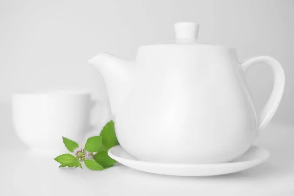 Théière Tasse Décorées Feuilles Menthe — Photo