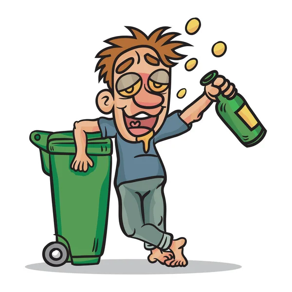 Ein Betrunkener Mann Lehnt Einem Mülleimer Illustration Vektor Cartoon — Stockvektor