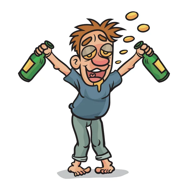 Uomo Ubriaco Tiene Mano Due Bottiglie Liquore Illustrazione Vettoriale Cartone — Vettoriale Stock